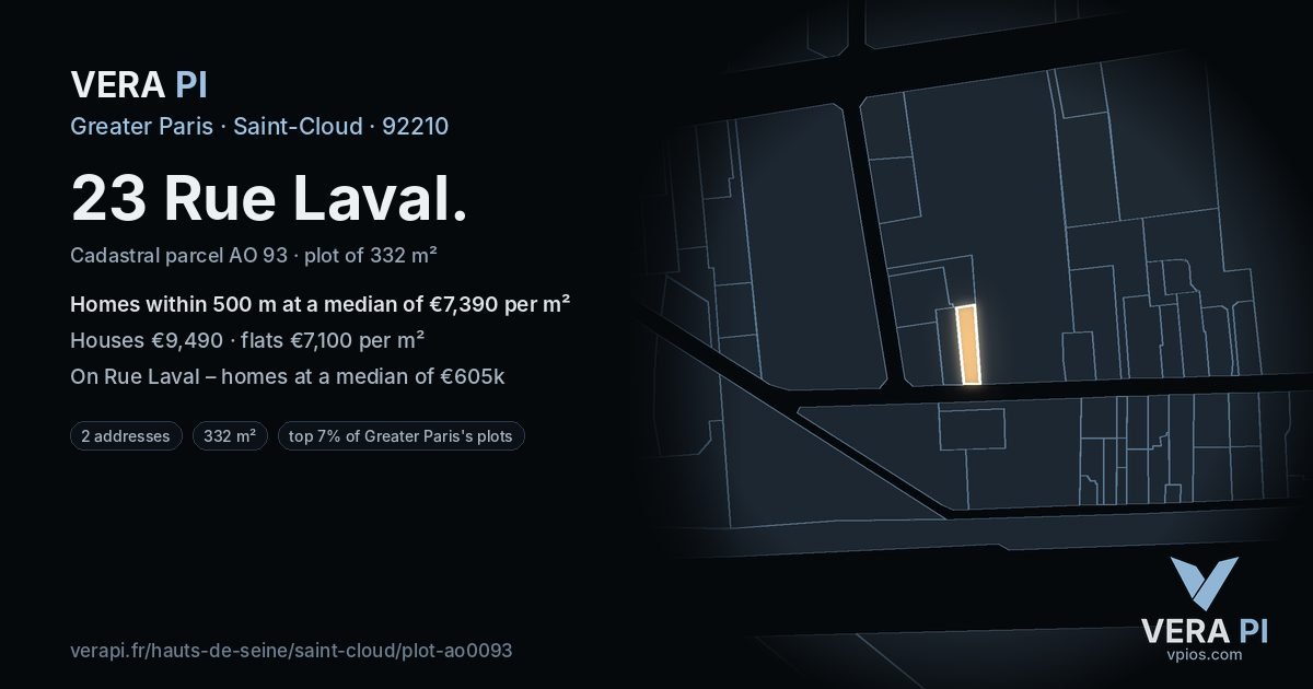 23 Rue Laval, Saint-Cloud at night – the plot lit, the parcels around coloured by the prices near them
