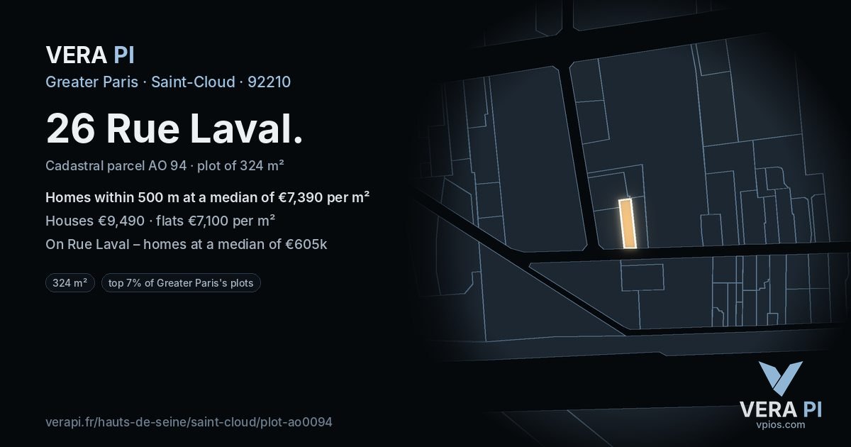 26 Rue Laval, Saint-Cloud at night – the plot lit, the parcels around coloured by the prices near them