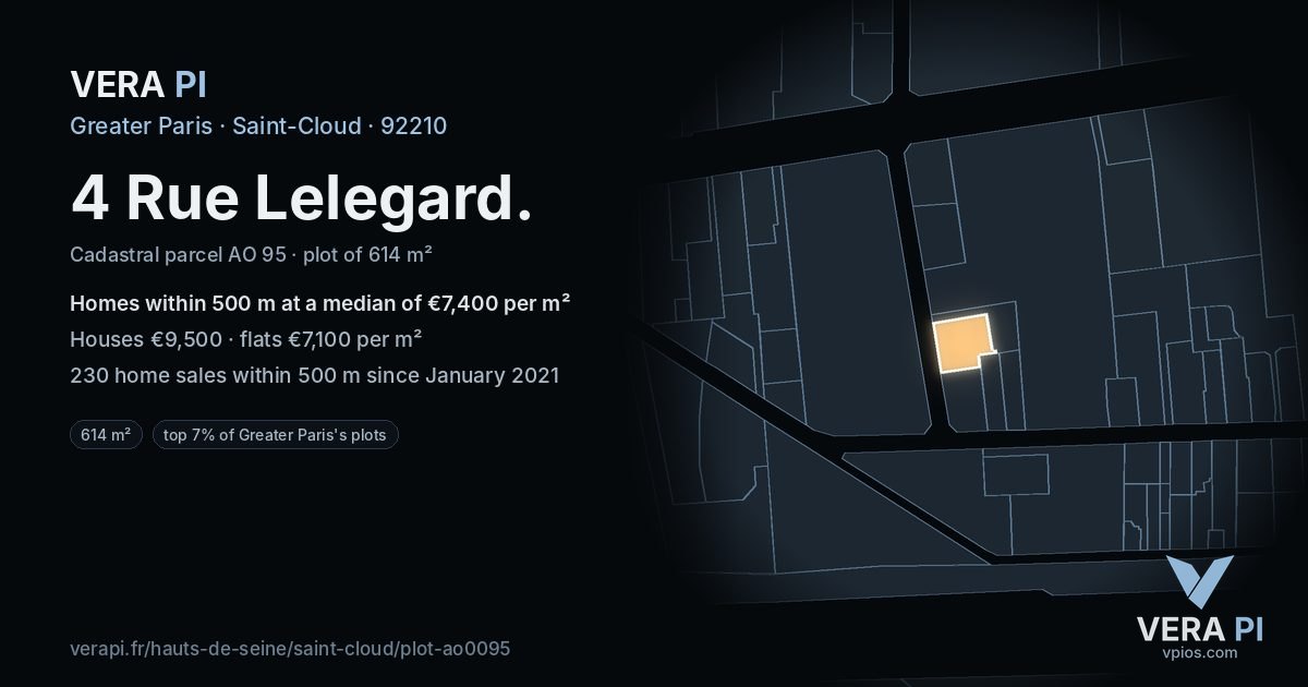 4 Rue Lelegard, Saint-Cloud at night – the plot lit, the parcels around coloured by the prices near them