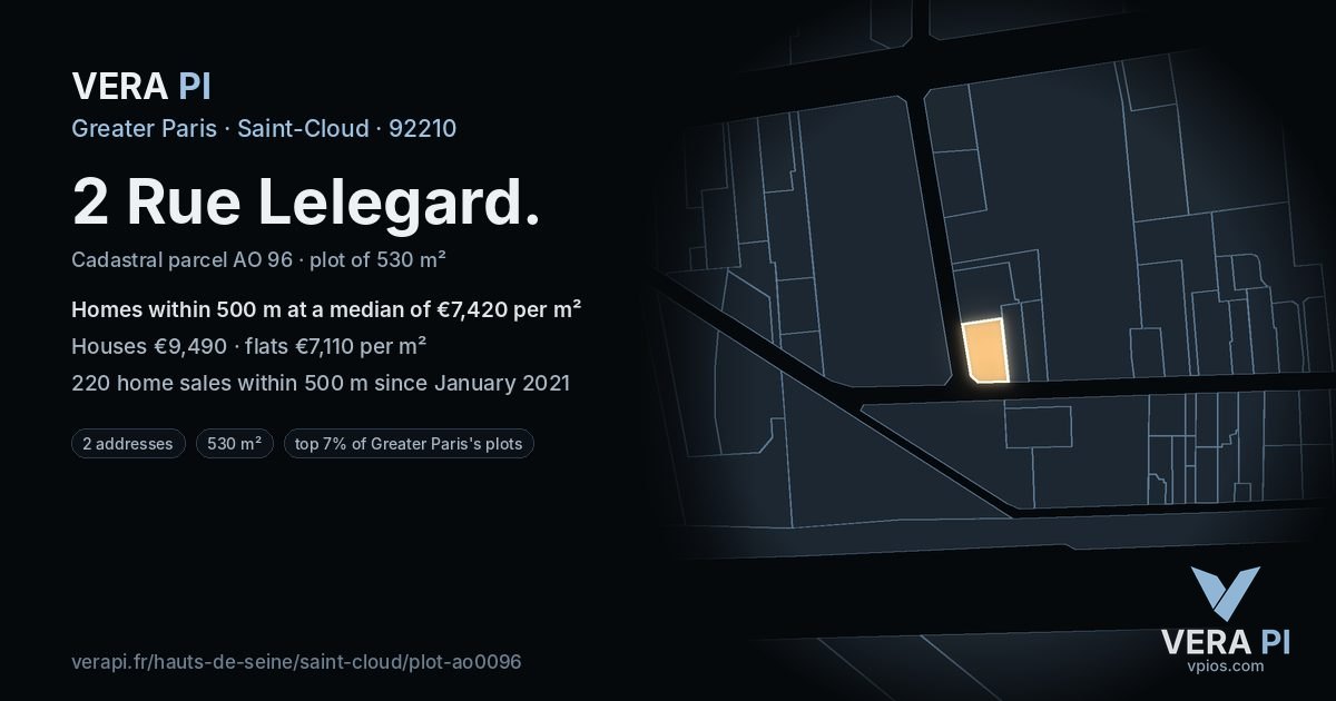2 Rue Lelegard, Saint-Cloud at night – the plot lit, the parcels around coloured by the prices near them