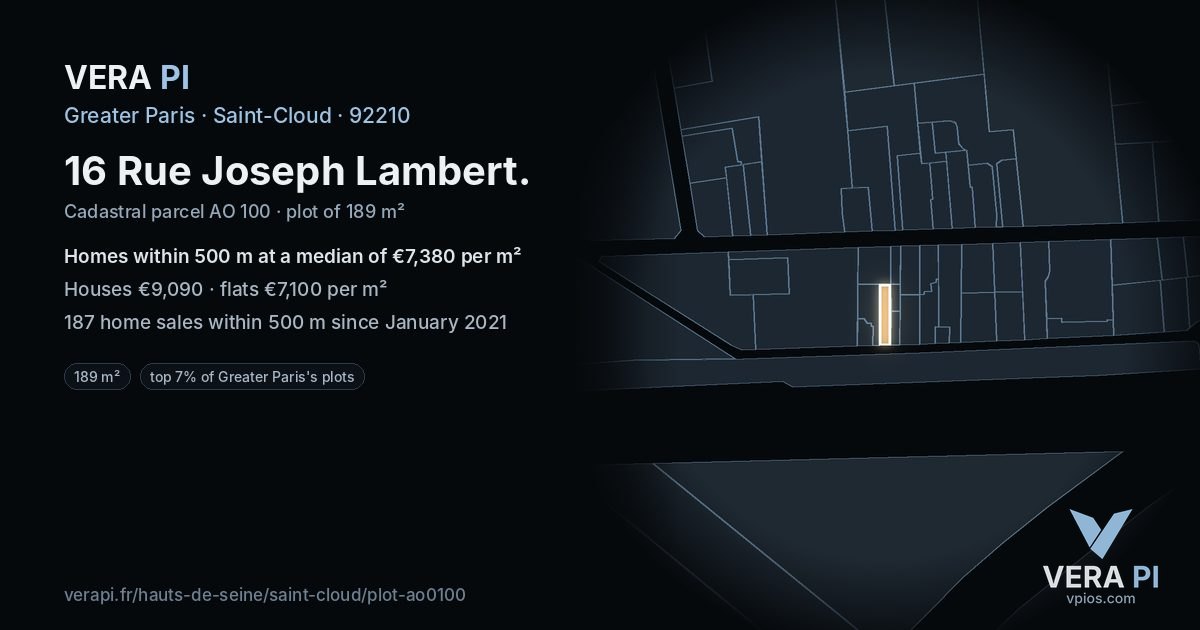 16 Rue Joseph Lambert, Saint-Cloud at night – the plot lit, the parcels around coloured by the prices near them