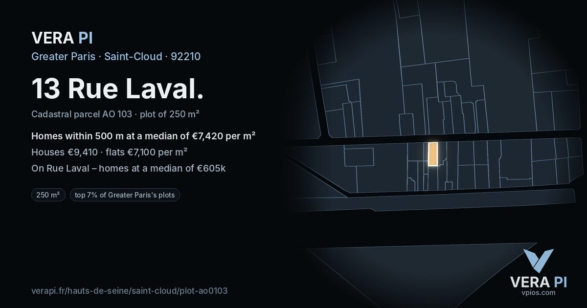 13 Rue Laval, Saint-Cloud at night – the plot lit, the parcels around coloured by the prices near them