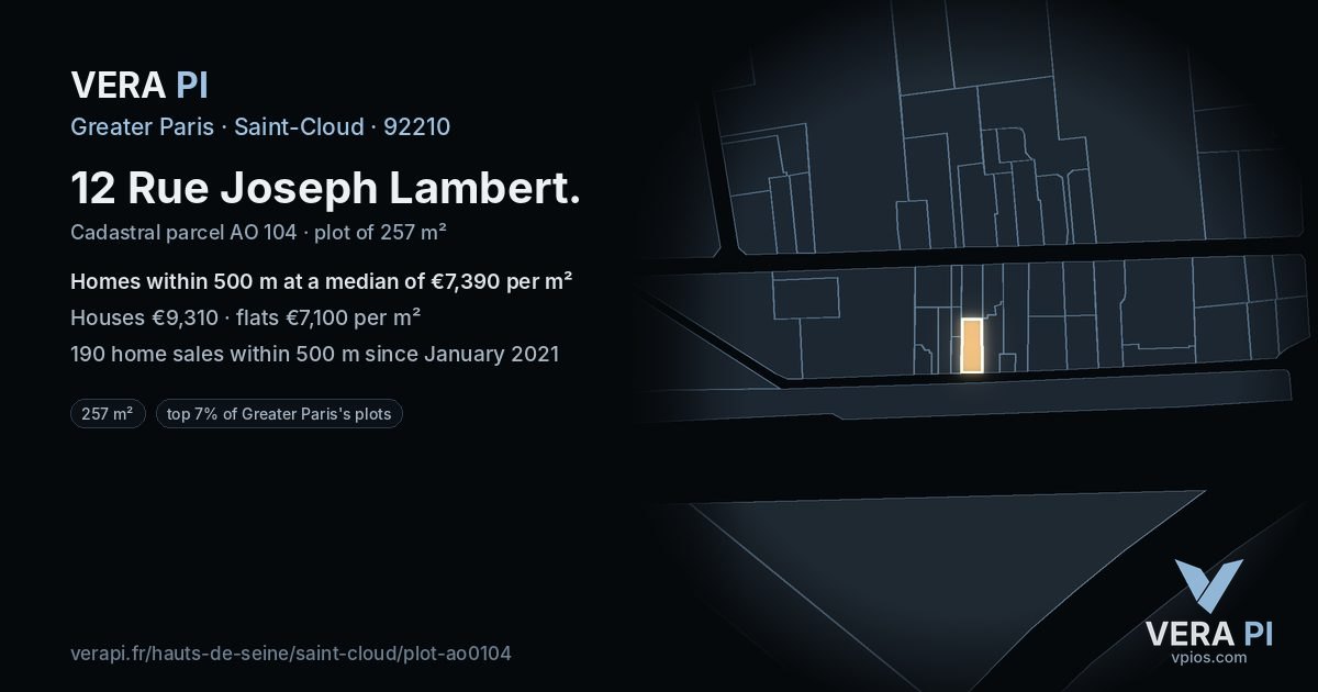 12 Rue Joseph Lambert, Saint-Cloud at night – the plot lit, the parcels around coloured by the prices near them