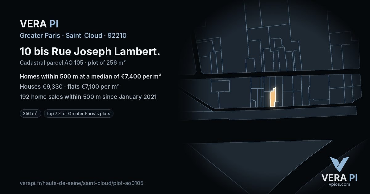 10 bis Rue Joseph Lambert, Saint-Cloud at night – the plot lit, the parcels around coloured by the prices near them