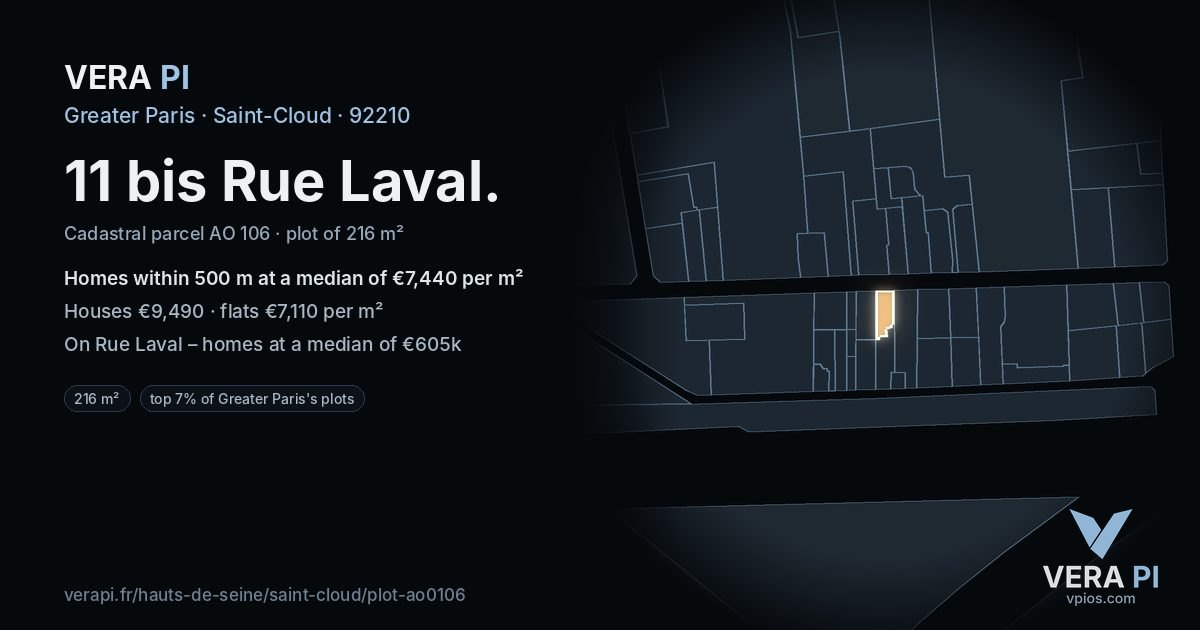 11 bis Rue Laval, Saint-Cloud at night – the plot lit, the parcels around coloured by the prices near them