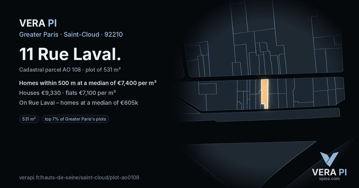11 Rue Laval, Saint-Cloud at night – the plot lit, the parcels around coloured by the prices near them