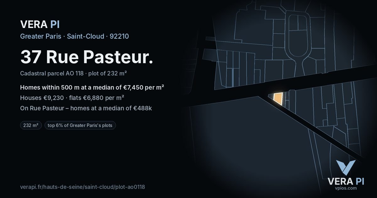 37 Rue Pasteur, Saint-Cloud at night – the plot lit, the parcels around coloured by the prices near them