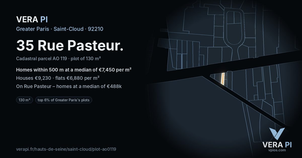 35 Rue Pasteur, Saint-Cloud at night – the plot lit, the parcels around coloured by the prices near them