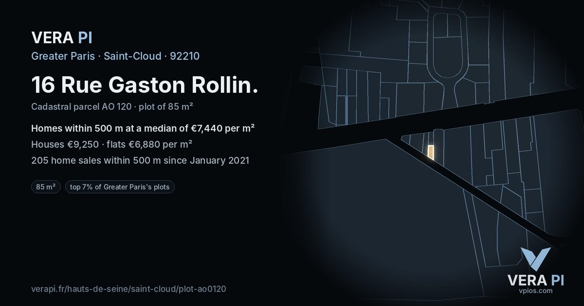 16 Rue Gaston Rollin, Saint-Cloud at night – the plot lit, the parcels around coloured by the prices near them