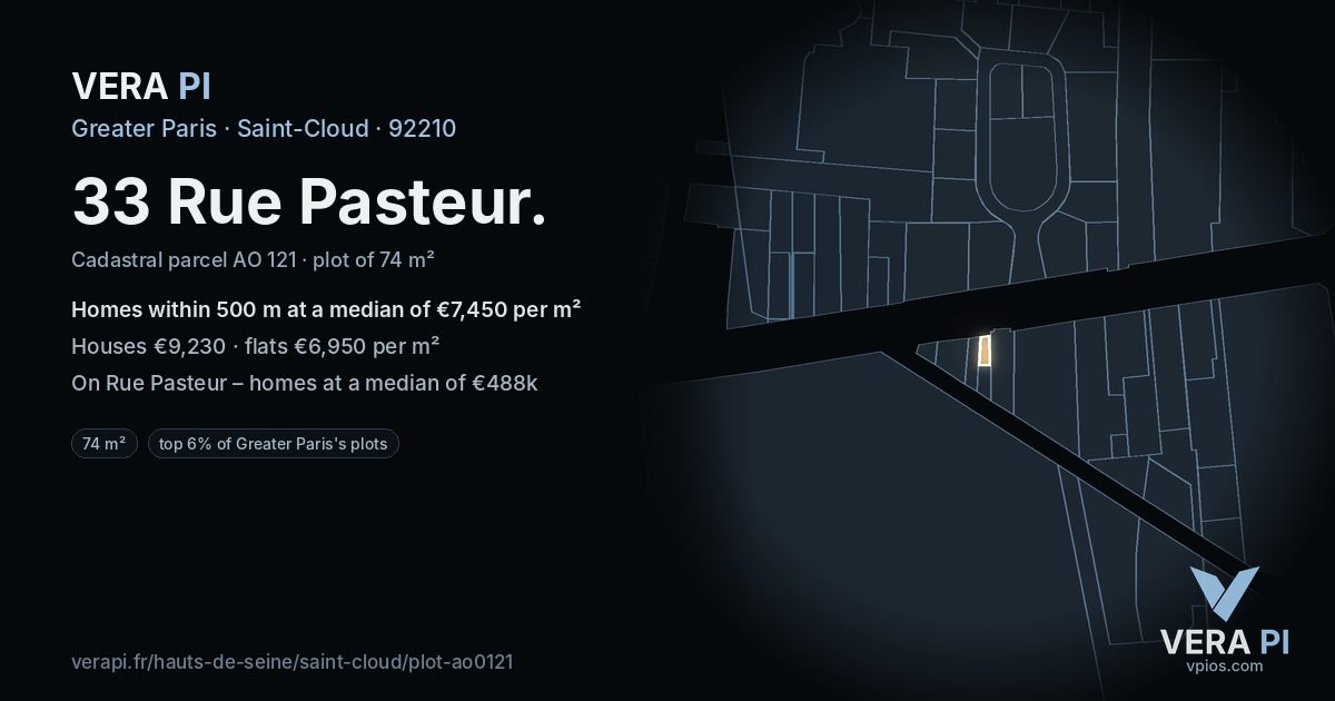 33 Rue Pasteur, Saint-Cloud at night – the plot lit, the parcels around coloured by the prices near them