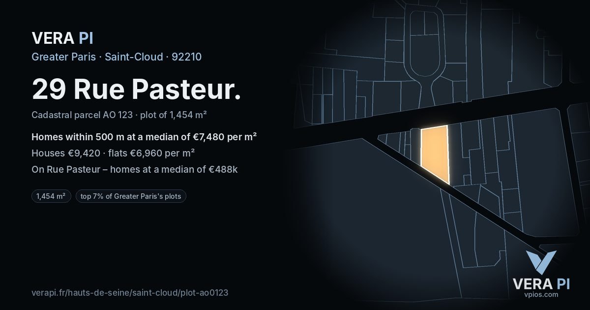 29 Rue Pasteur, Saint-Cloud at night – the plot lit, the parcels around coloured by the prices near them