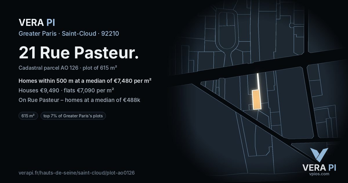21 Rue Pasteur, Saint-Cloud at night – the plot lit, the parcels around coloured by the prices near them