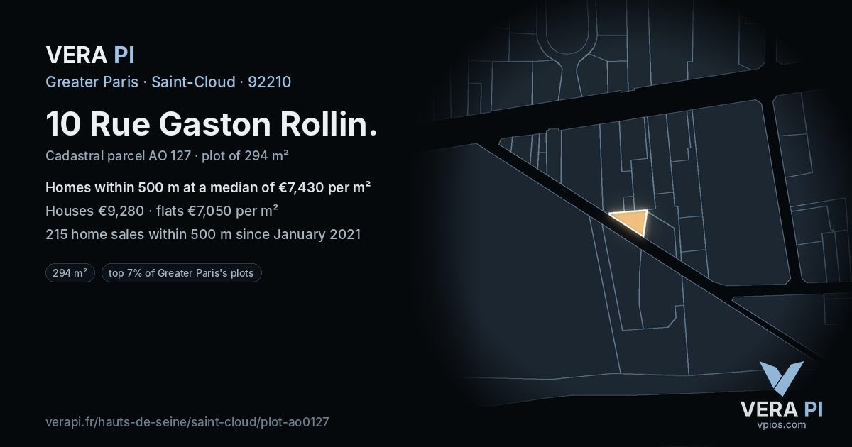 10 Rue Gaston Rollin, Saint-Cloud at night – the plot lit, the parcels around coloured by the prices near them