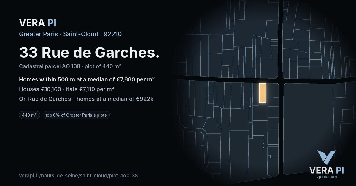 33 Rue de Garches, Saint-Cloud at night – the plot lit, the parcels around coloured by the prices near them