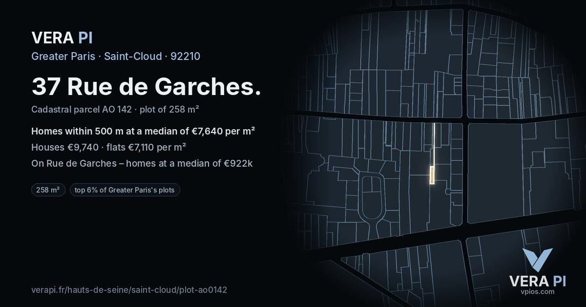37 Rue de Garches, Saint-Cloud at night – the plot lit, the parcels around coloured by the prices near them