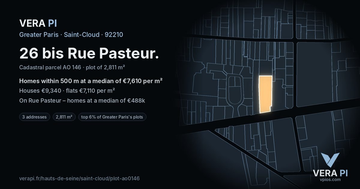 26 bis Rue Pasteur, Saint-Cloud at night – the plot lit, the parcels around coloured by the prices near them