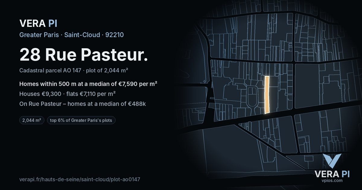 28 Rue Pasteur, Saint-Cloud at night – the plot lit, the parcels around coloured by the prices near them