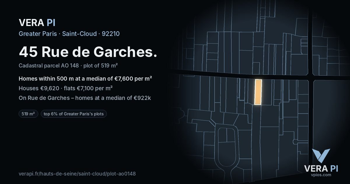 45 Rue de Garches, Saint-Cloud at night – the plot lit, the parcels around coloured by the prices near them
