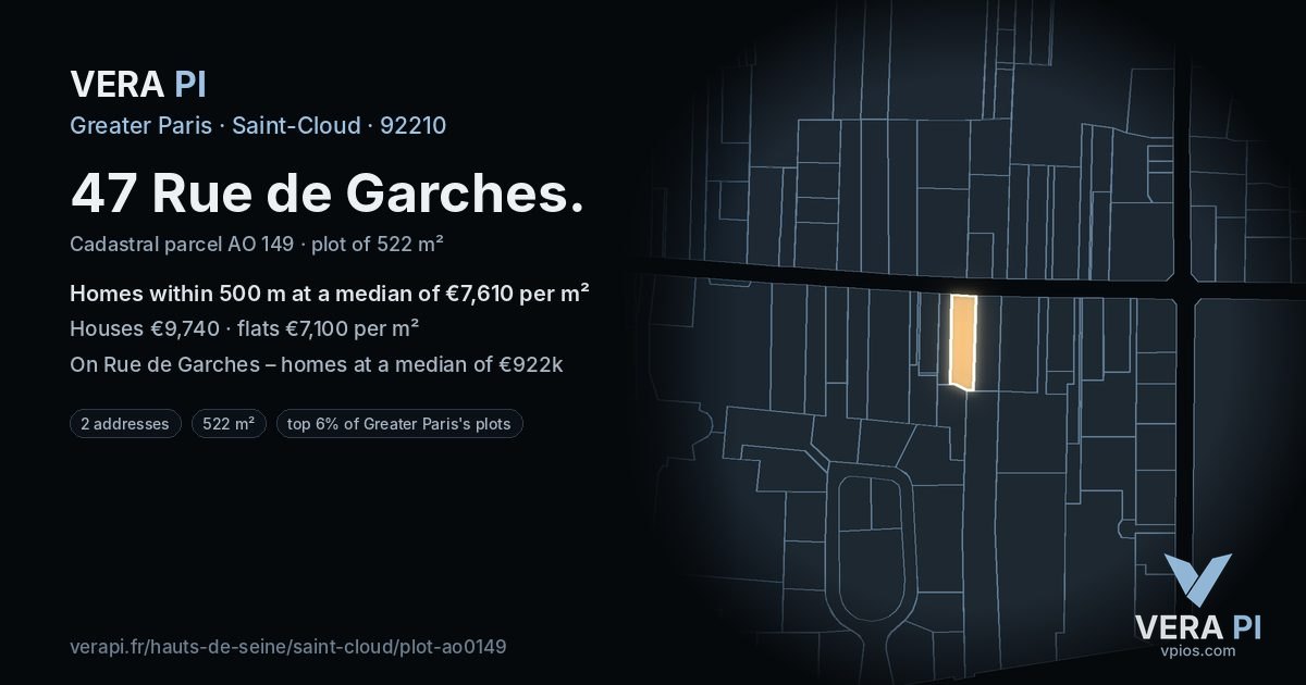 47 Rue de Garches, Saint-Cloud at night – the plot lit, the parcels around coloured by the prices near them
