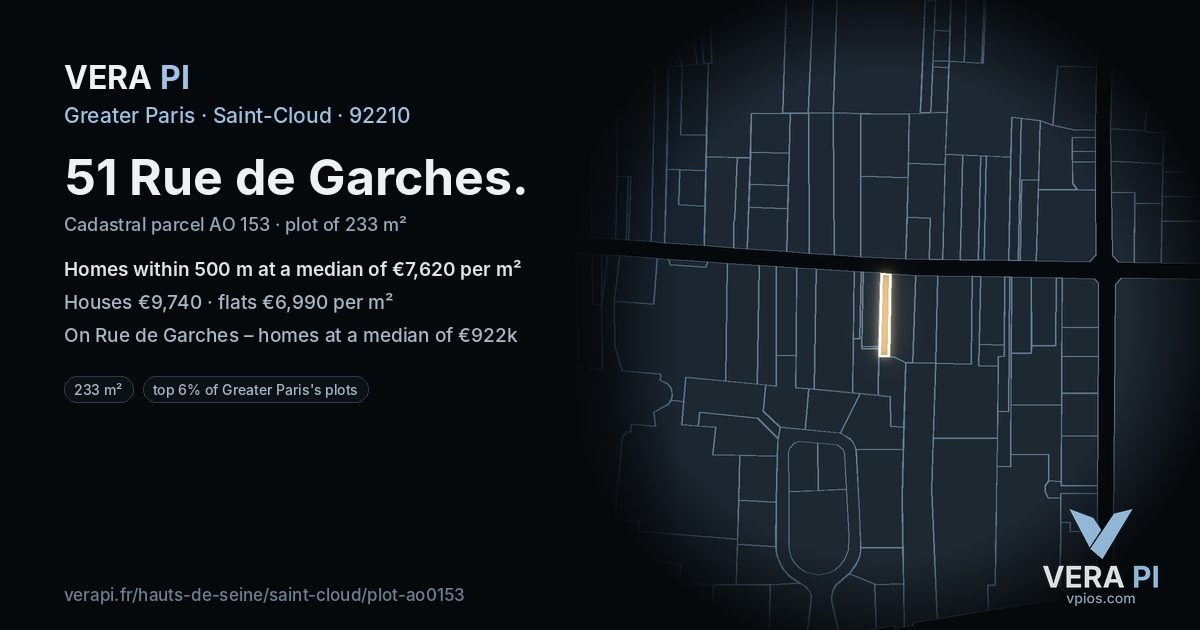 51 Rue de Garches, Saint-Cloud at night – the plot lit, the parcels around coloured by the prices near them
