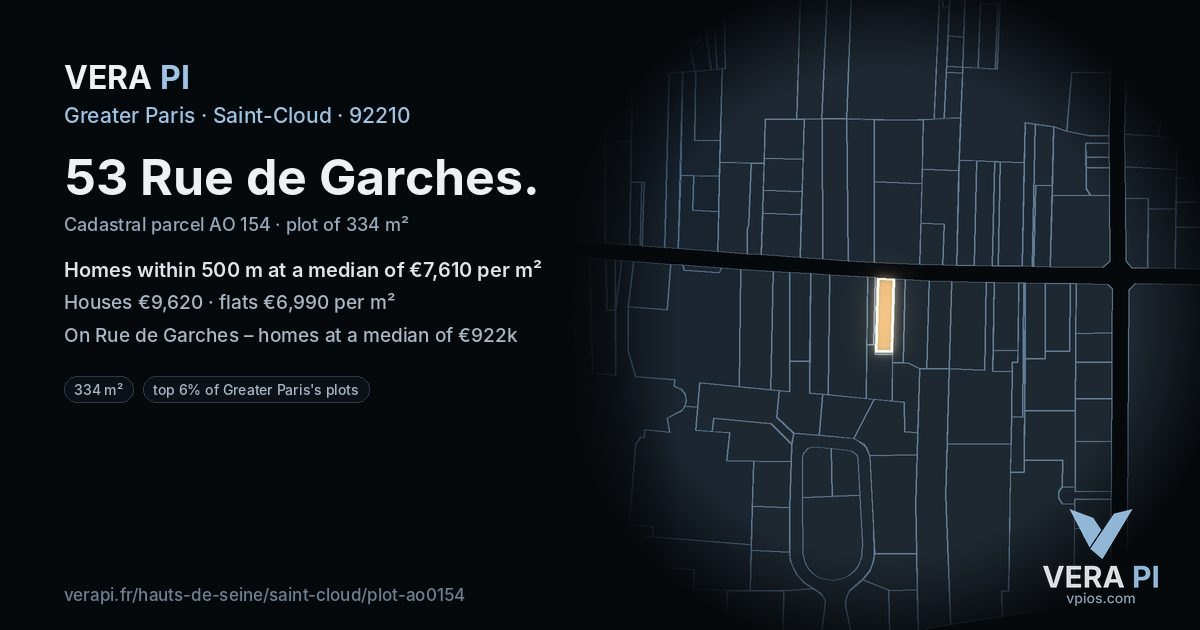 53 Rue de Garches, Saint-Cloud at night – the plot lit, the parcels around coloured by the prices near them