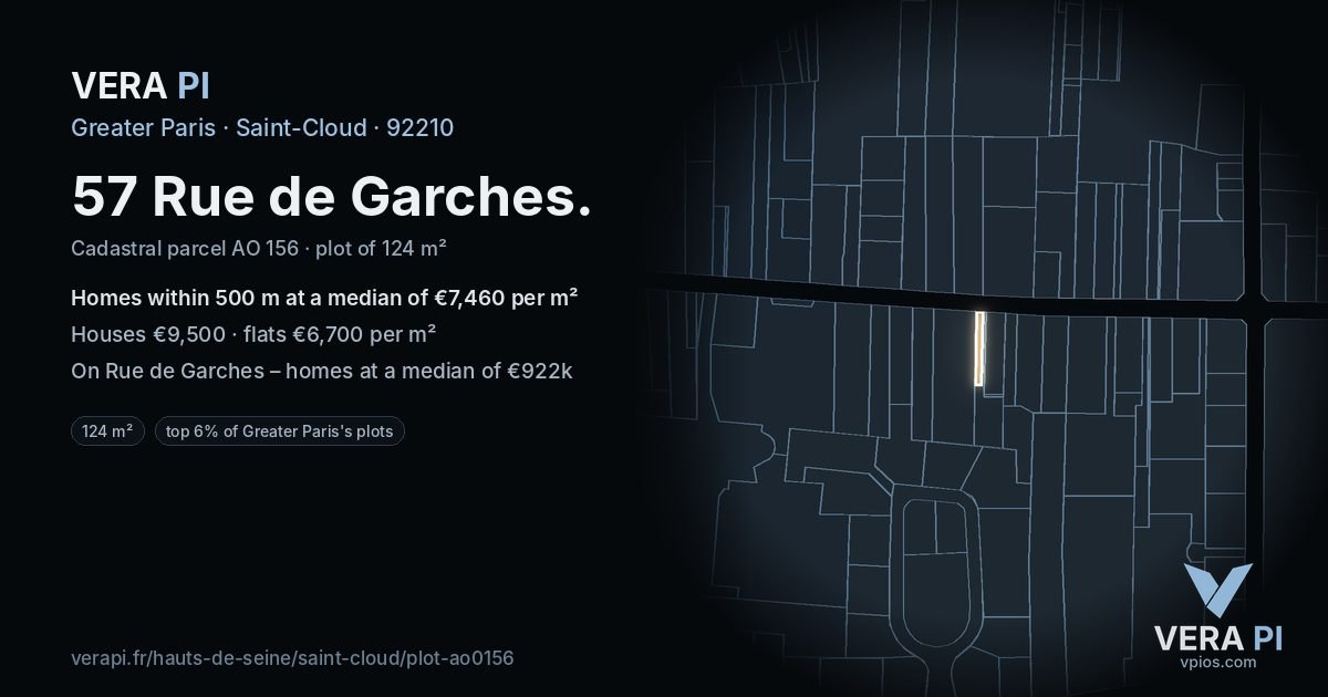57 Rue de Garches, Saint-Cloud at night – the plot lit, the parcels around coloured by the prices near them
