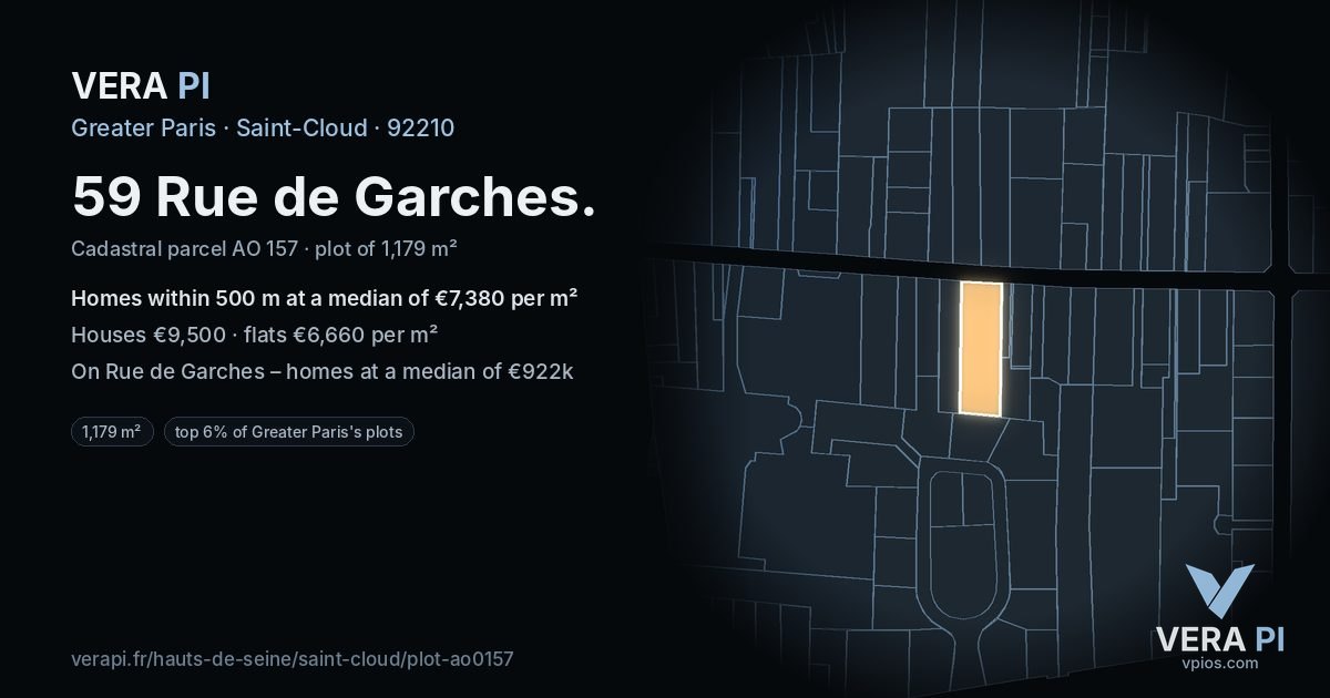 59 Rue de Garches, Saint-Cloud at night – the plot lit, the parcels around coloured by the prices near them