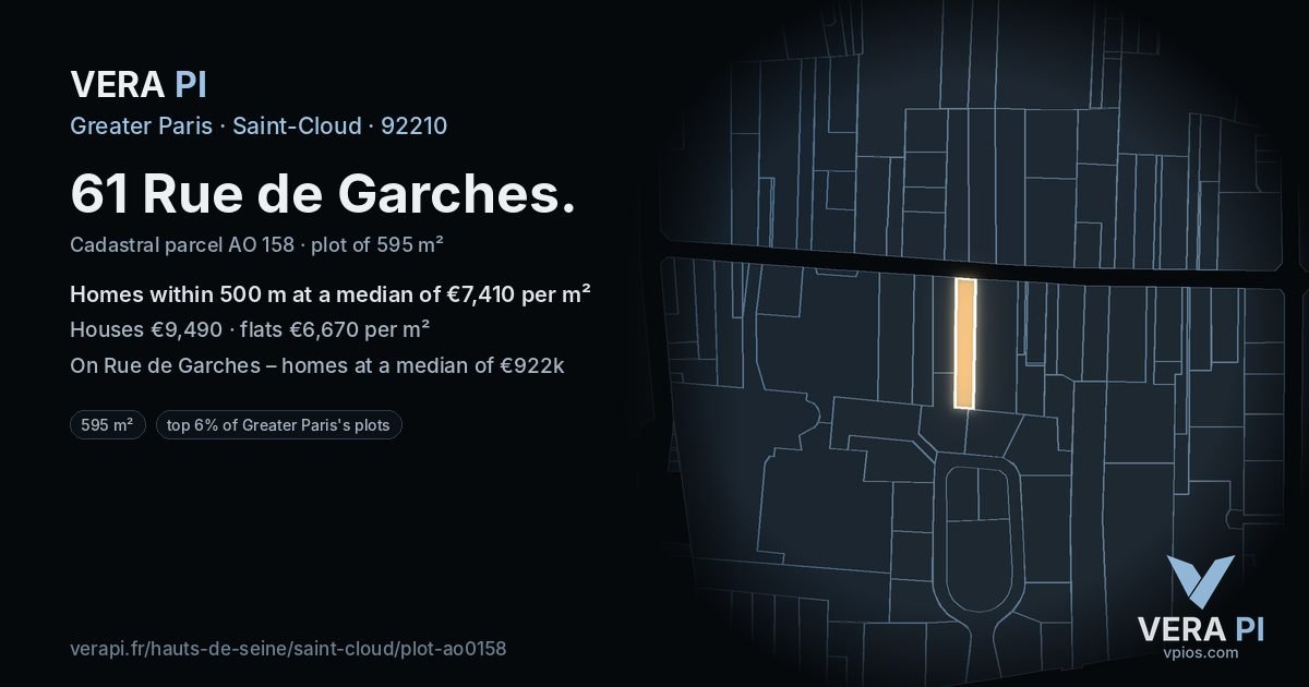 61 Rue de Garches, Saint-Cloud at night – the plot lit, the parcels around coloured by the prices near them