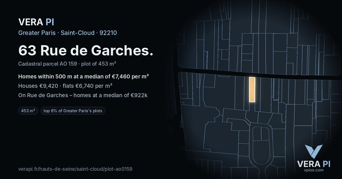 63 Rue de Garches, Saint-Cloud at night – the plot lit, the parcels around coloured by the prices near them