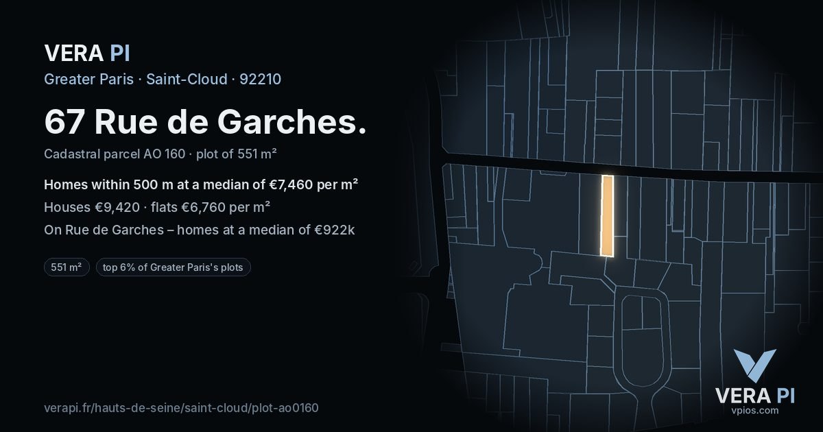 67 Rue de Garches, Saint-Cloud at night – the plot lit, the parcels around coloured by the prices near them