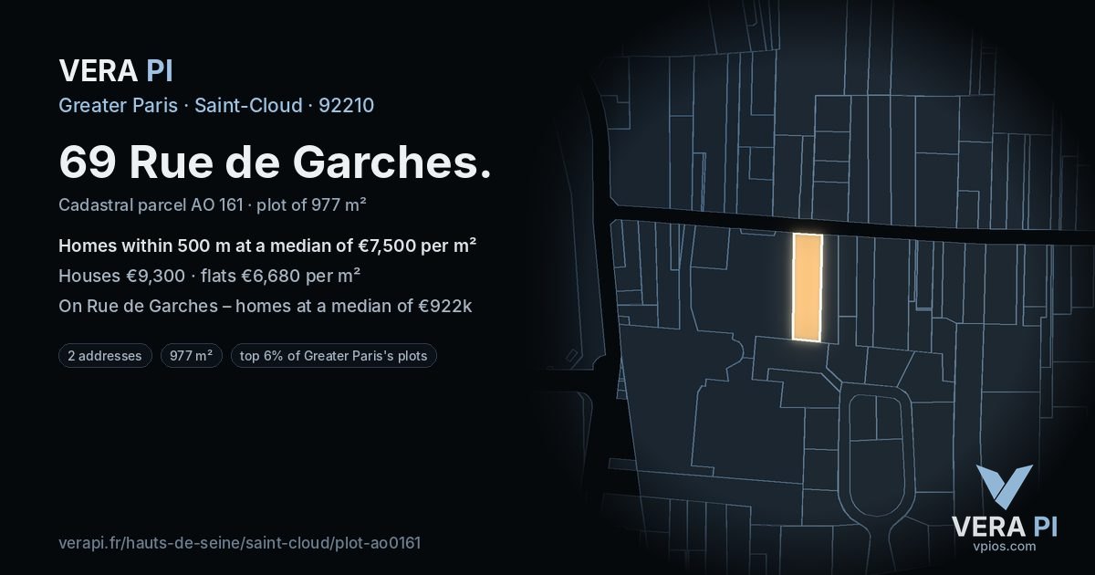 69 Rue de Garches, Saint-Cloud at night – the plot lit, the parcels around coloured by the prices near them