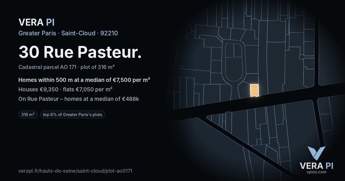 30 Rue Pasteur, Saint-Cloud at night – the plot lit, the parcels around coloured by the prices near them