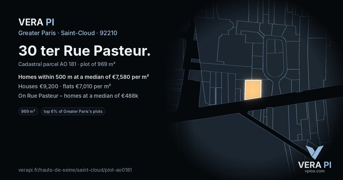 30 ter Rue Pasteur, Saint-Cloud at night – the plot lit, the parcels around coloured by the prices near them
