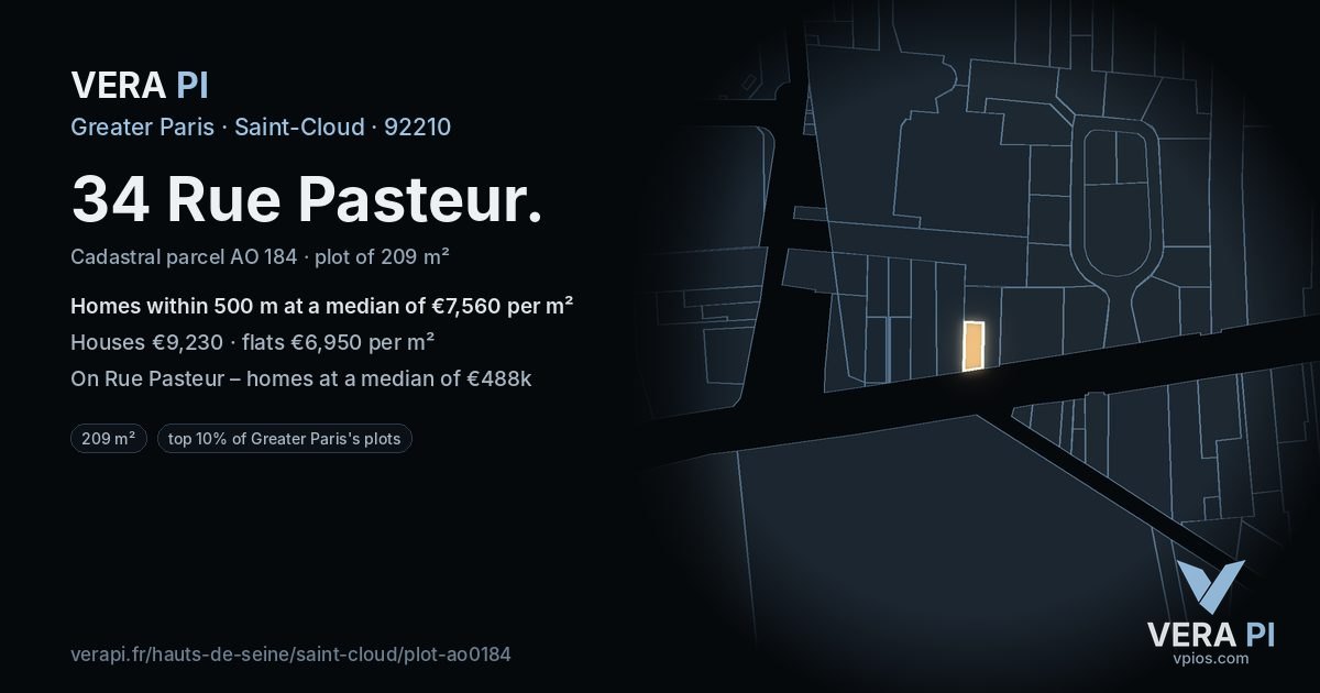 34 Rue Pasteur, Saint-Cloud at night – the plot lit, the parcels around coloured by the prices near them