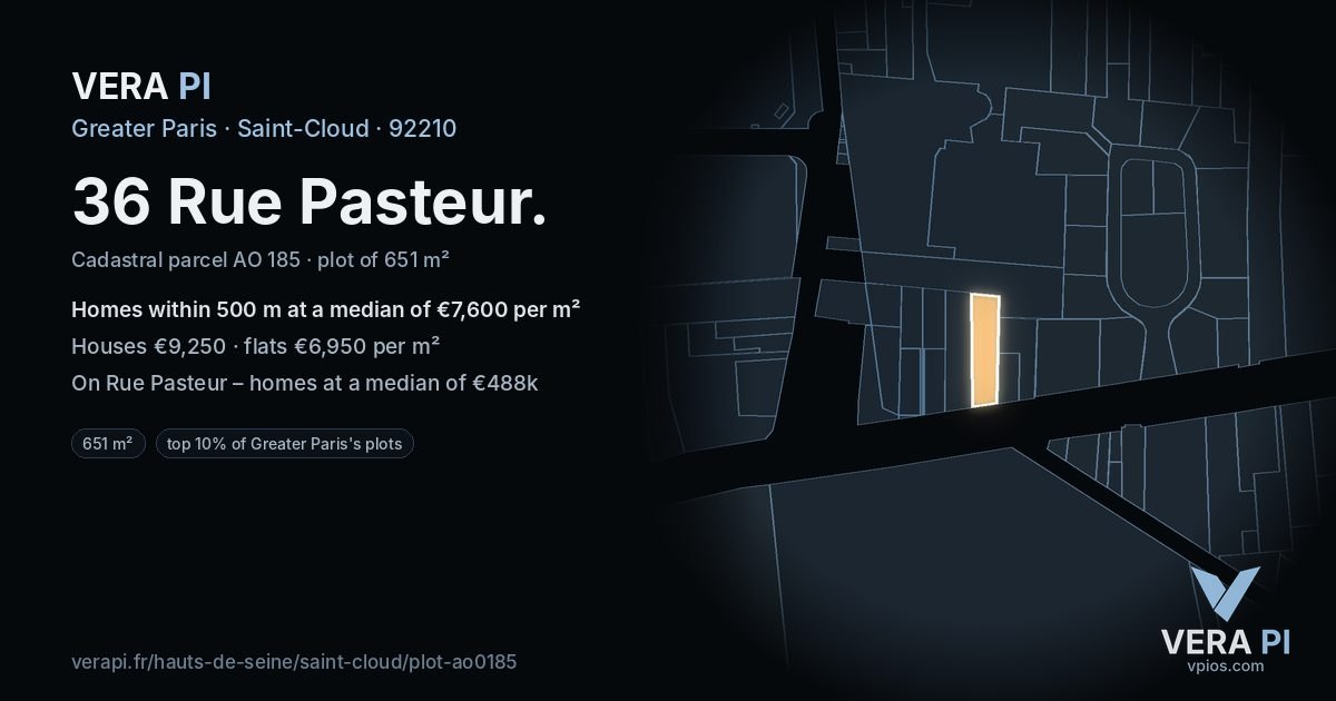 36 Rue Pasteur, Saint-Cloud at night – the plot lit, the parcels around coloured by the prices near them