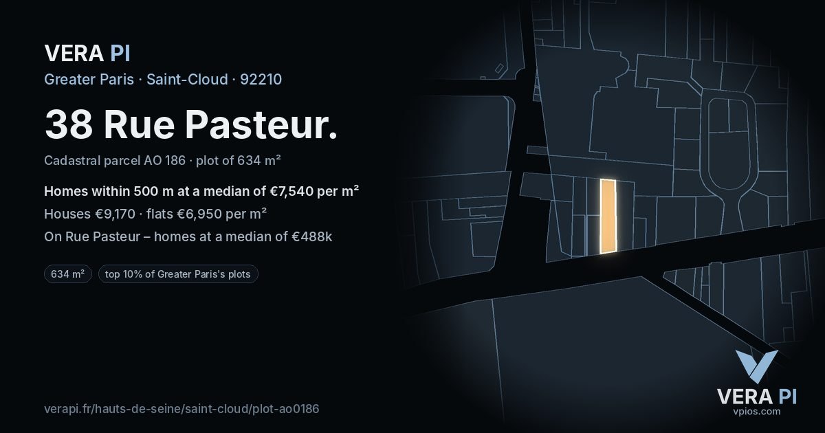 38 Rue Pasteur, Saint-Cloud at night – the plot lit, the parcels around coloured by the prices near them
