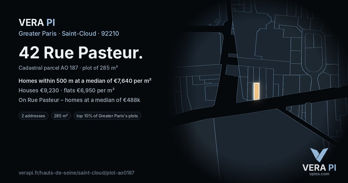 42 Rue Pasteur, Saint-Cloud at night – the plot lit, the parcels around coloured by the prices near them