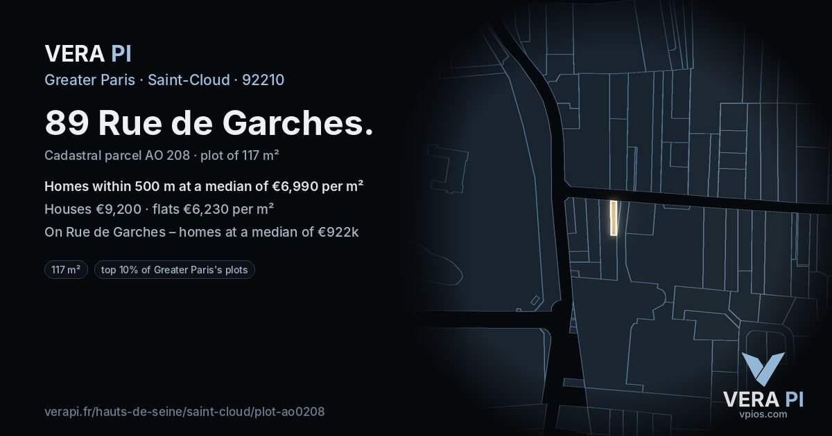 89 Rue de Garches, Saint-Cloud at night – the plot lit, the parcels around coloured by the prices near them