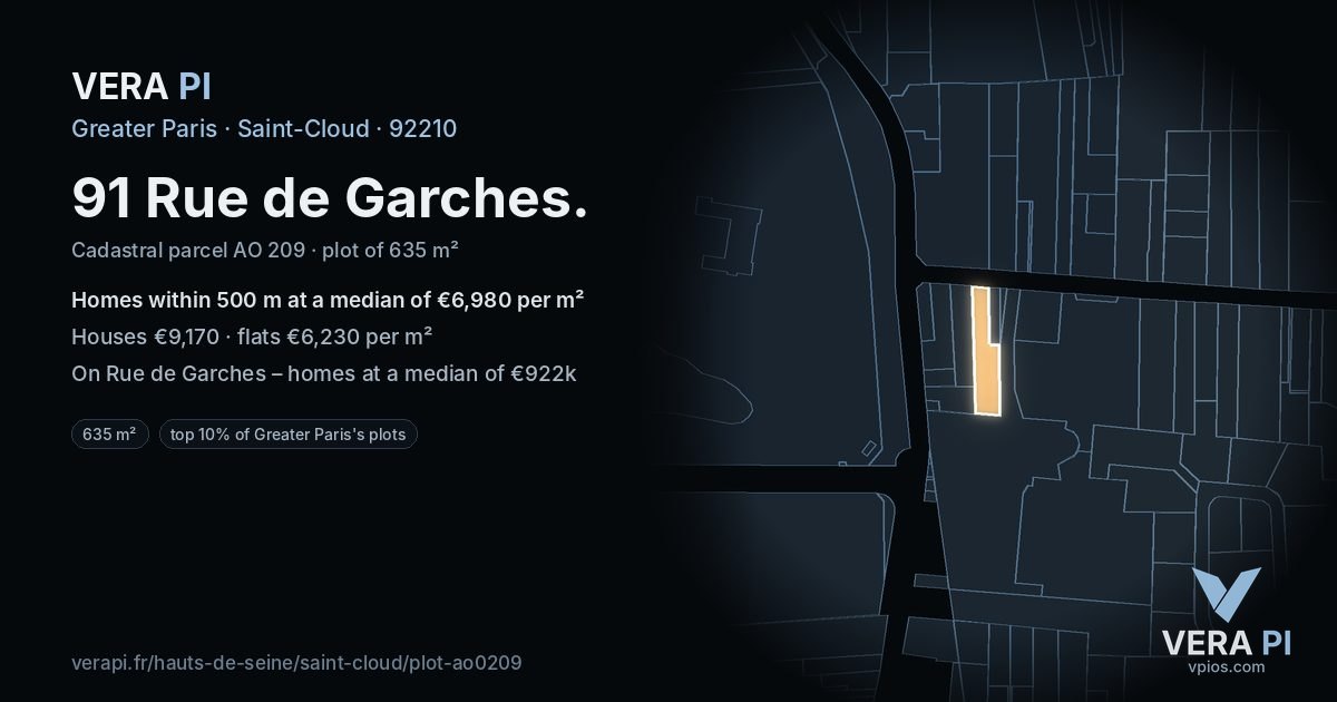 91 Rue de Garches, Saint-Cloud at night – the plot lit, the parcels around coloured by the prices near them