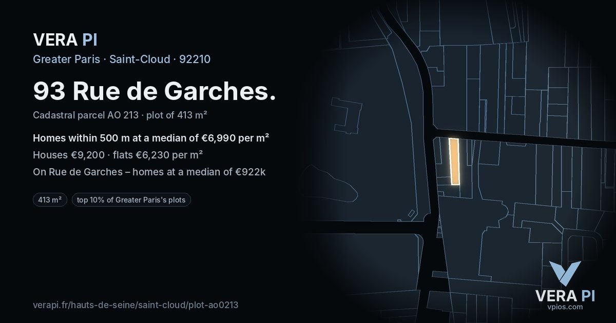 93 Rue de Garches, Saint-Cloud at night – the plot lit, the parcels around coloured by the prices near them
