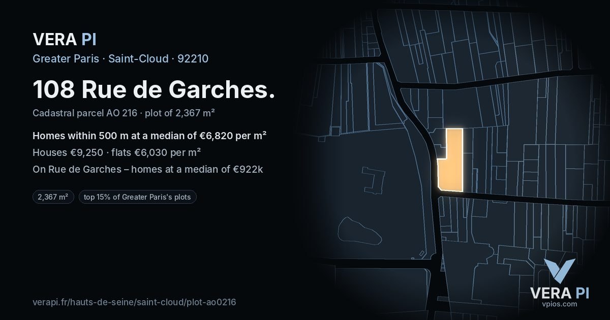 108 Rue de Garches, Saint-Cloud at night – the plot lit, the parcels around coloured by the prices near them