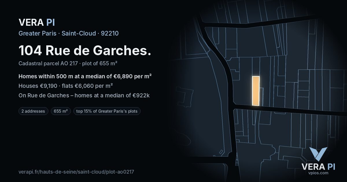 104 Rue de Garches, Saint-Cloud at night – the plot lit, the parcels around coloured by the prices near them