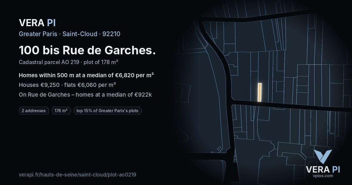 100 bis Rue de Garches, Saint-Cloud at night – the plot lit, the parcels around coloured by the prices near them
