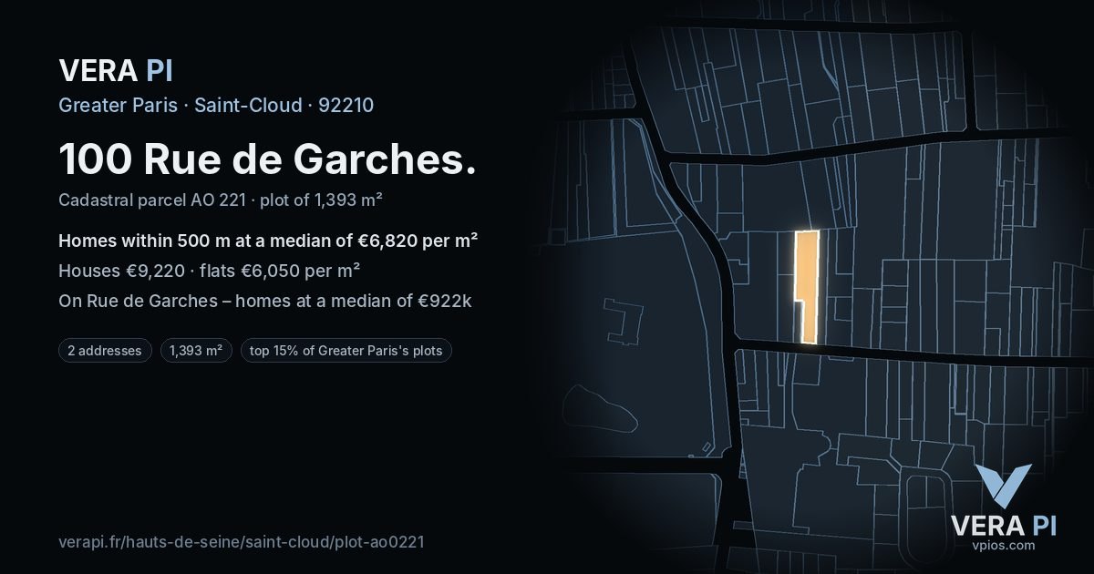 100 Rue de Garches, Saint-Cloud at night – the plot lit, the parcels around coloured by the prices near them