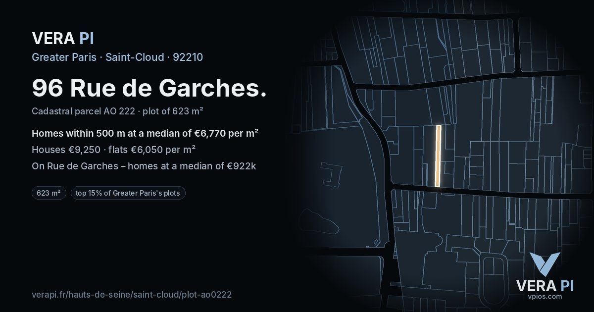 96 Rue de Garches, Saint-Cloud at night – the plot lit, the parcels around coloured by the prices near them