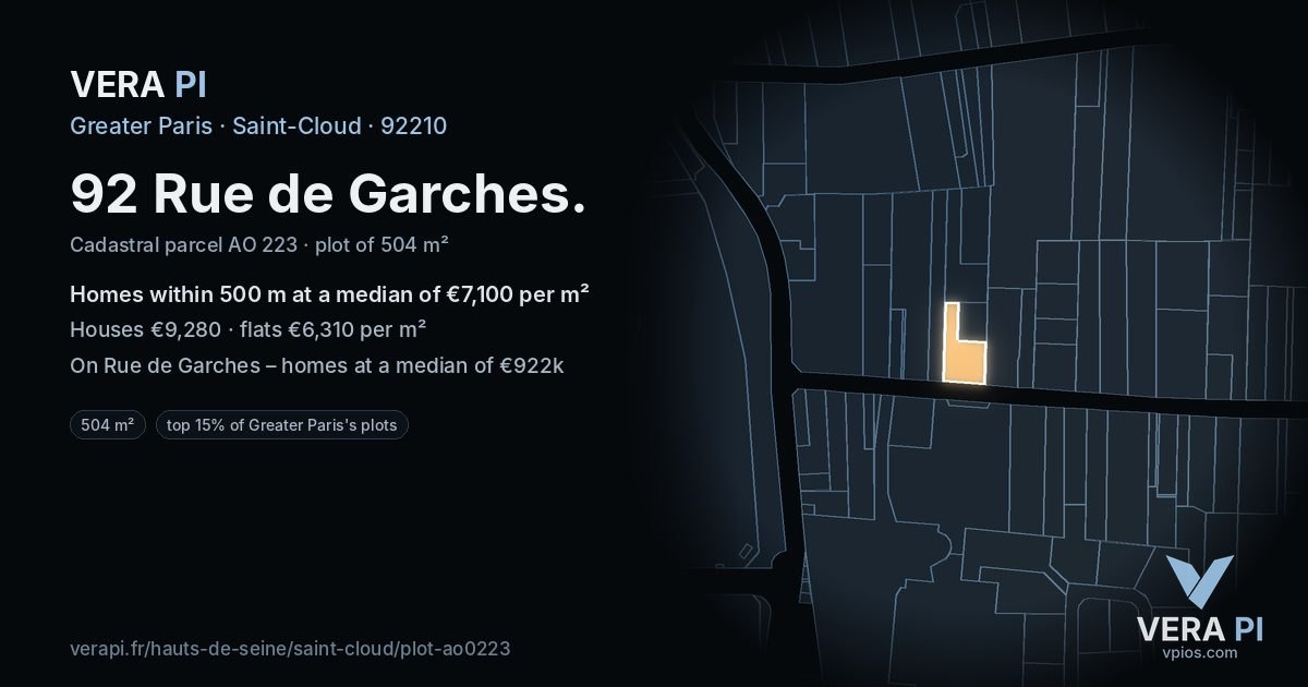 92 Rue de Garches, Saint-Cloud at night – the plot lit, the parcels around coloured by the prices near them