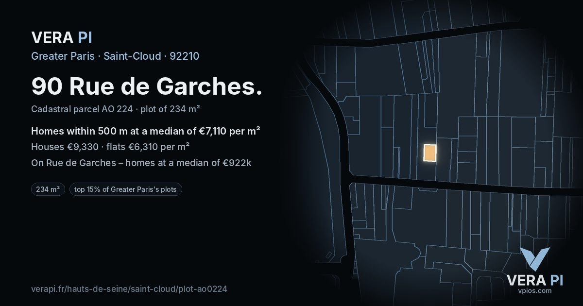 90 Rue de Garches, Saint-Cloud at night – the plot lit, the parcels around coloured by the prices near them
