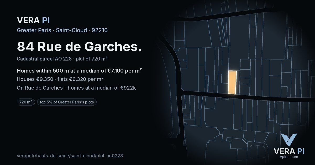 84 Rue de Garches, Saint-Cloud at night – the plot lit, the parcels around coloured by the prices near them