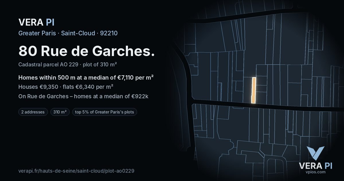 80 Rue de Garches, Saint-Cloud at night – the plot lit, the parcels around coloured by the prices near them