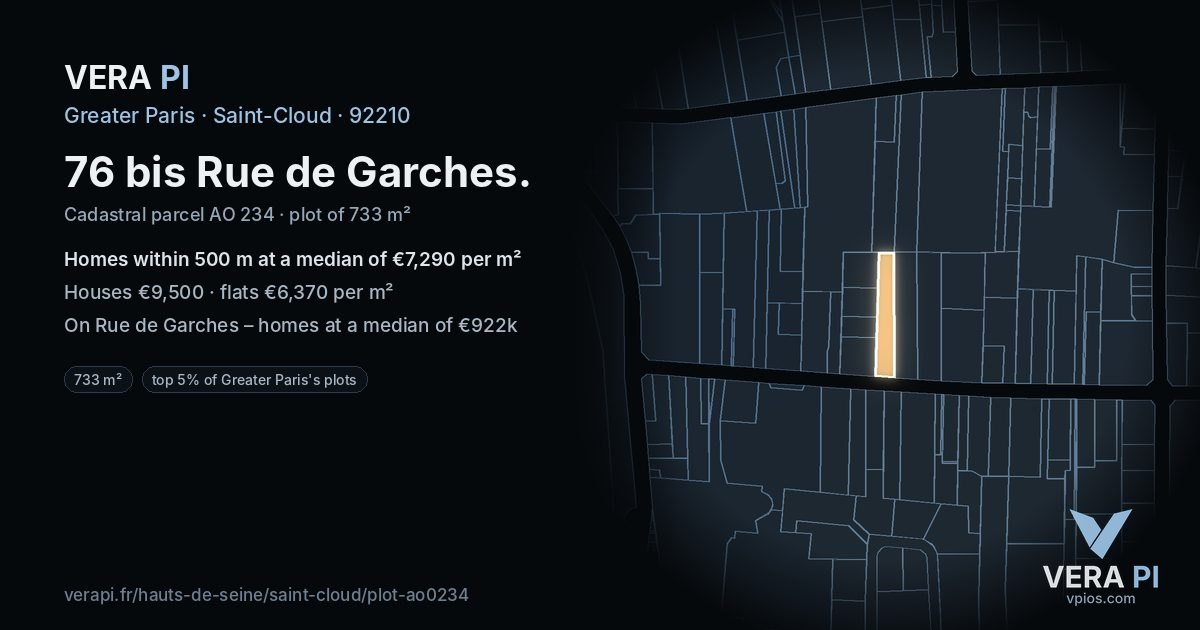 76 bis Rue de Garches, Saint-Cloud at night – the plot lit, the parcels around coloured by the prices near them